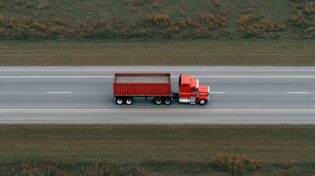 This aerial photograph showcases a red dump truck driving on a highway, surrounded by lush green fields and brown grasses, highlighting transportation dynamics.の素材