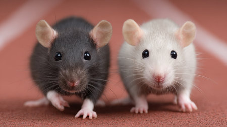 Two charming pet mice, one black and one white, stand side by side on a vibrant track surface, showcasing their adorable features and playful nature.の素材