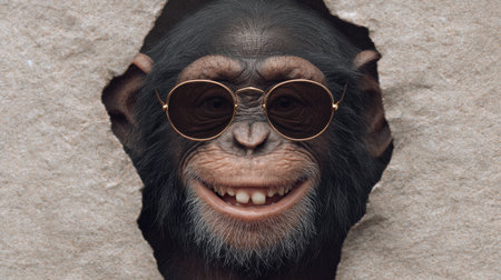 A cheerful monkey with sunglasses peeks out from a hole in a wall, exuding a playful and humorous vibe. The animal's joyful expression captures attention and evokes smiles.の素材