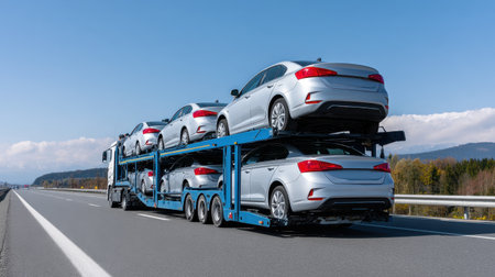 A car carrier truck is transporting a fleet of silver cars on a scenic highway. The image showcases the logistics of vehicle transportation under a clear blue sky, emphasizing the efficiency and modernity of the transport industry.の素材