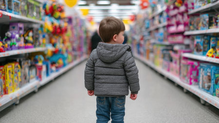 A young boy stands in a vibrant toy aisle, captivated by the colorful products lining the shelves. His curiosity and excitement shine as he explores.の素材