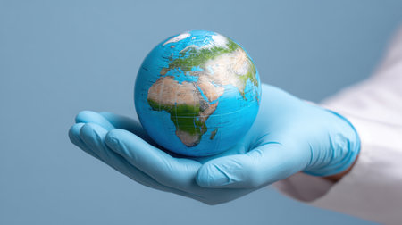 A human hand in a medical glove gently holds a small globe, representing global awareness, care for the environment, and the importance of sustainability.の素材
