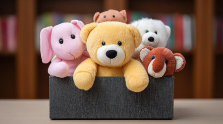 This charming image showcases a vibrant assortment of plush toys, including a pink elephant, yellow bear, brown monkey, white dog, and orange koala, creating a whimsical and inviting atmosphere perfect for children and home decoration.の素材