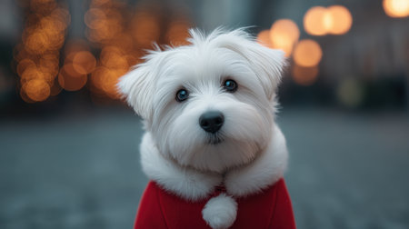 This image features an adorable white dog in a red Christmas sweater, showcasing a charming expression against a softly lit urban backdrop, perfect for holiday themes.の素材