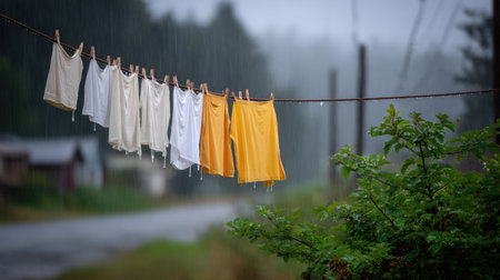 Colorful laundry hangs on a clothesline in the rain, showcasing vibrant textiles in a serene outdoor setting. The scene evokes tranquility and simplicity.の素材