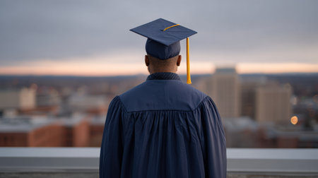 A young man in a graduation cap and gown stands on a rooftop, gazing at the expansive city skyline during sunset, symbolizing hope and future possibilities.の素材