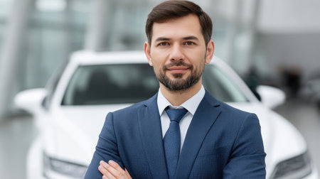 A confident businessman in a formal suit poses with arms crossed in a modern car showroom, projecting professionalism and success in a sleek environment.の素材