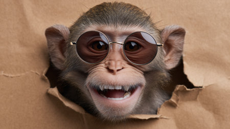 A charming and lively monkey peeks through a cardboard wall, wearing stylish sunglasses, exuding joy and a playful spirit ideal for lighthearted themes.の素材