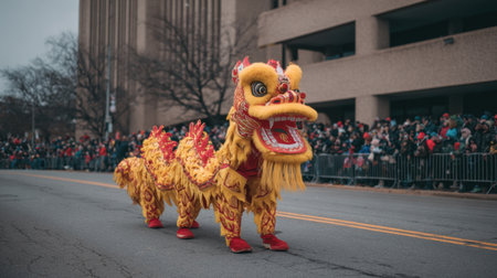 A lively parade showcases a vibrant dragon costume, captivating a crowd with its colorful design and cultural significance during the festive celebration.の素材