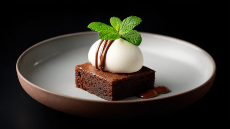 A rich chocolate brownie topped with smooth vanilla ice cream and garnished with a fresh mint leaf, elegantly presented on a round plate. This dessert is perfect for any occasion and sure to please any palate.の素材