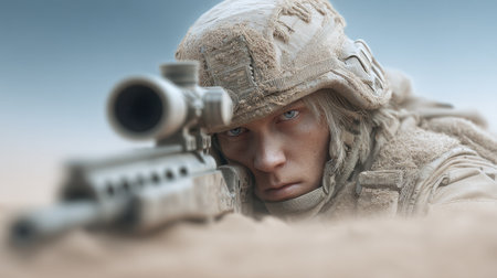 A soldier in military camouflage assumes a sniper position in a desert setting, showcasing intense focus and readiness for action. The image captures the essence of military strategy and discipline.の素材