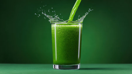 A vibrant glass of fresh green juice splashes as it is poured against a rich green background. This image conveys health and vitality.の素材