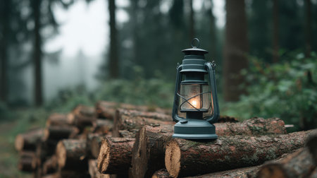 A vintage lantern rests atop a pile of logs in a misty forest, casting a warm glow amidst lush greenery, creating a serene and cozy atmosphere for outdoor adventures.の素材