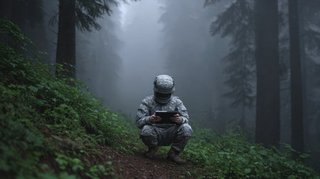 A soldier in camouflage uniform squats in a foggy forest while intently using a tablet device, blending nature with modern military technology.の素材