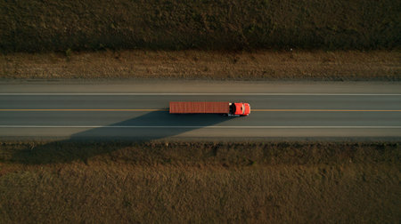 This captivating aerial image showcases a red truck traveling along a long road, surrounded by brown fields. A perfect depiction of transportation and logistics in a scenic landscape.の素材