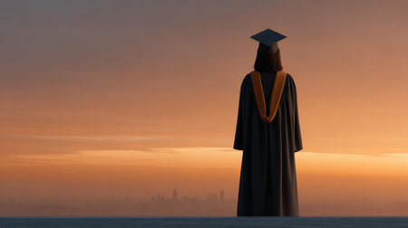A young graduate stands in silhouette, wearing a black gown and cap, gazing at a vibrant city skyline during a stunning sunset, symbolizing aspirations.の素材