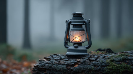 A vintage lantern emits a warm glow in a misty forest, creating an enchanting atmosphere amid soft focus and natural surroundings. Perfect for evoking tranquility.の素材