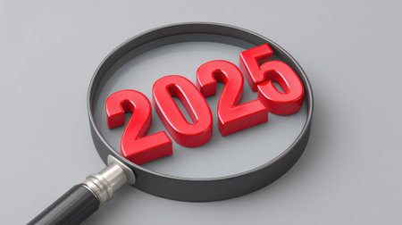 A striking image of a magnifying glass showcasing the bold red 2025 year number on a soft gray background, symbolizing future planning and focus.の素材