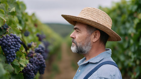 A contemplative man in a straw hat stands among lush grapevines, observing the ripe grapes. This serene image captures the essence of vineyard life and agriculture.の素材