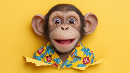 This lively cartoon monkey with big expressive eyes wears a colorful Hawaiian shirt and pops out from a torn yellow background, exuding joy.の素材