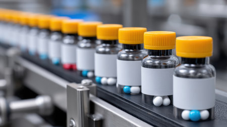 A close-up view of bottles filled with pills lined on a conveyor belt showcasing the meticulous process of pharmaceutical manufacturing.の素材