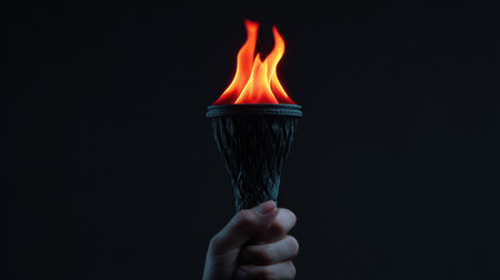 A dramatic image showing a hand holding a torch with vibrant flames against a dark backdrop, symbolizing hope, light, and inspiration in the night.の素材