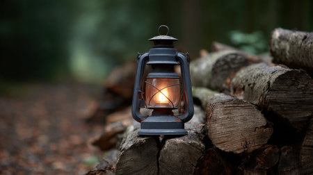 A vintage lantern sits elegantly on a stack of logs, casting a warm glow in a tranquil forest setting, evoking feelings of nostalgia and adventure.の素材