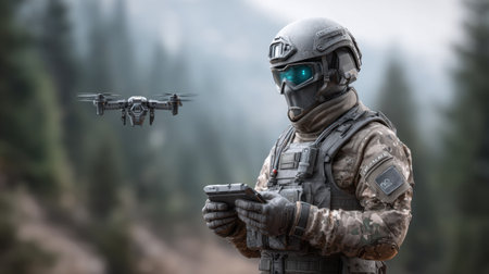 A soldier in tactical gear skillfully operates a drone in a mountainous forest setting. The high-tech equipment highlights modern military operations and strategies.の素材