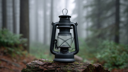 A vintage lantern stands on a weathered stump in a foggy forest, creating a warm glow and inviting ambiance. This unique scene captures the essence of nature and tranquility.の素材