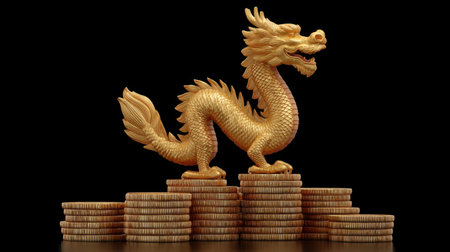 A stunning golden dragon sculpture majestically positioned on a stack of coins, embodying wealth, prosperity, and mythical allure in a striking 3D model.の素材