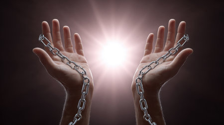 An evocative image of two hands breaking free from chains, symbolizing liberation and hope. The background features a bright light, enhancing the theme of freedom and empowerment. This powerful visual represents overcoming struggles and embracing transformation.の素材