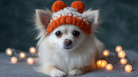 This adorable small dog, wearing a cozy knitted hat, sits surrounded by glowing lights, perfect for capturing the warmth of festive indoor moments.の素材