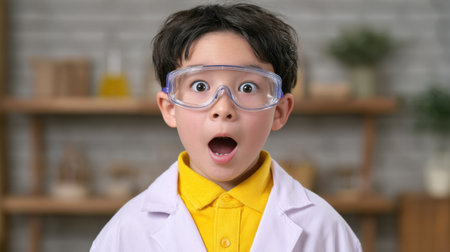 Young child in a lab coat and safety glasses displays a surprised expression in a vibrant laboratory. A perfect representation of curiosity and excitement for science.の素材