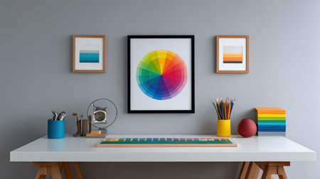 This vibrant workspace features a modern desk adorned with colorful art prints, a color wheel, and artistic stationery, ideal for inspiring creativity.の素材