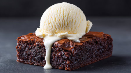 A mouth-watering chocolate brownie with a generous scoop of vanilla ice cream melting elegantly over it. Perfect for dessert lovers!の素材