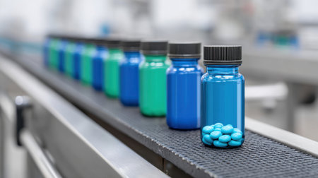 A row of blue and green bottles filled with pills sits on a conveyor belt in a modern pharmaceutical factory. The scene showcases advanced manufacturing processes.の素材