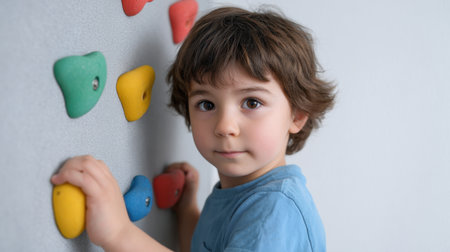 A young boy is engaged in a climbing activity on a colorful indoor rock wall, showcasing his focus and determination. The environment promotes physical skills and encourages playful exploration.の素材