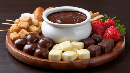 This inviting image showcases a delightful chocolate fondue served with fresh strawberries and assorted sweets, perfect for sharing during celebrations.の素材