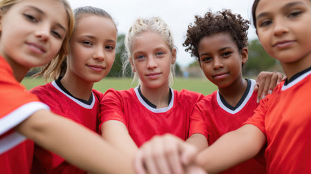 A group of young female soccer players in vibrant red jerseys showcase their unity and team spirit on a green field, embodying determination and joy.の素材