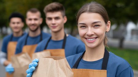 A group of enthusiastic volunteers stands together in an urban park, holding brown paper bags filled with supplies as they engage in community service.の素材