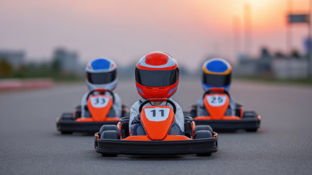 A thrilling go-kart race unfolds against a breathtaking sunset backdrop. The vibrant helmets highlight the excitement of outdoor racing, capturing the spirit of competition and fun.の素材