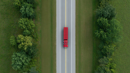 This aerial image showcases a red truck driving along a serene country road, framed by lush green trees and a beautiful landscape in summer ambiance.の素材