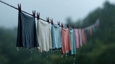 A vibrant display of colorful cotton shirts hangs on a clothesline, glistening with raindrops during a gentle rain, surrounded by lush greenery.の素材