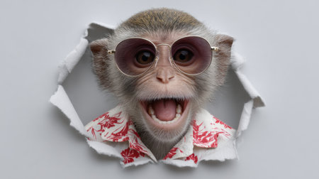 A whimsical image of a playful monkey with sunglasses and a colorful tropical shirt joyfully peeking through torn paper, radiating fun and humor.の素材