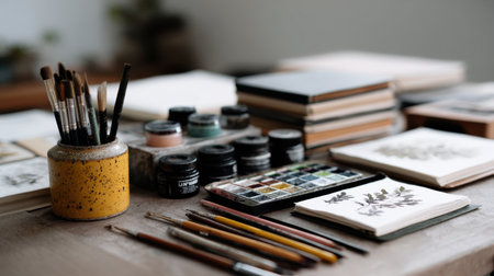 A well-organized artistic workspace showcasing various art supplies including brushes, paints, and sketchbooks, perfect for creative inspiration.の素材