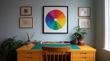 A vibrant workspace featuring a yellow desk, a color wheel on the wall, and neatly arranged art supplies creates an inviting atmosphere for creativity.の素材
