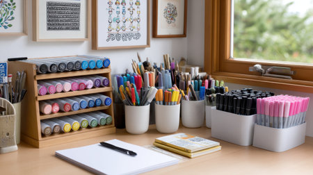 A bright and inviting creative workspace showcasing a variety of art supplies, including colorful markers and neatly arranged stationery items. The desk features natural light from a nearby window, enhancing productivity and inspiration for artistic endeavors.の素材