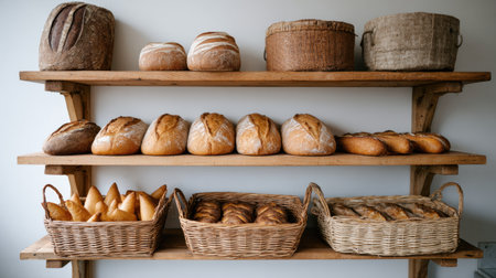 A charming display of freshly baked artisan bread arranged on wooden shelves, showcasing various types of bread in woven baskets, evoking a warm bakery atmosphere.の素材