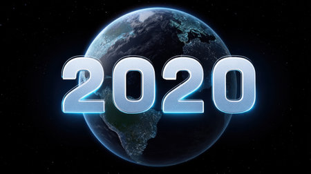 Stunning visual of Earth with the year 2020 prominently displayed, highlighting global challenges and events in a captivating and imaginative way.の素材