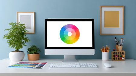 Bright and inviting workspace featuring a computer displaying a vibrant color wheel. Elegant decor elements and a lush plant add creativity and inspiration.の素材